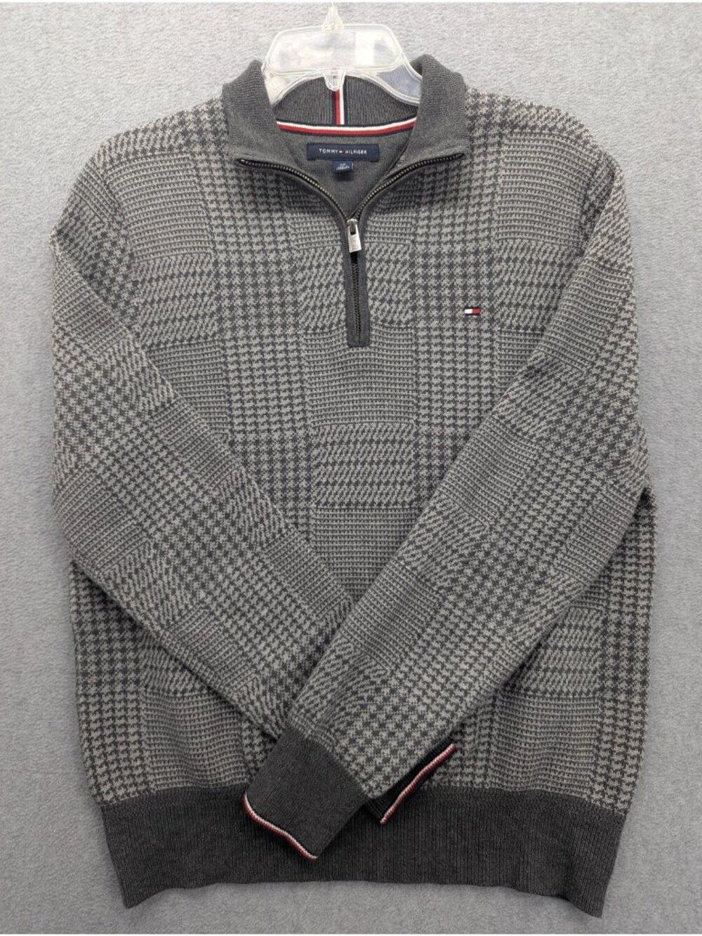 Tommy Hilfiger Sweater Mens Small Gray Check Quarter Zip Mock Neck Pullover Knit